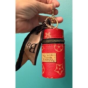 Vogue New Famous Lipstick Holder Keychain Red Monogram Floral Ribbon Bag Charm B